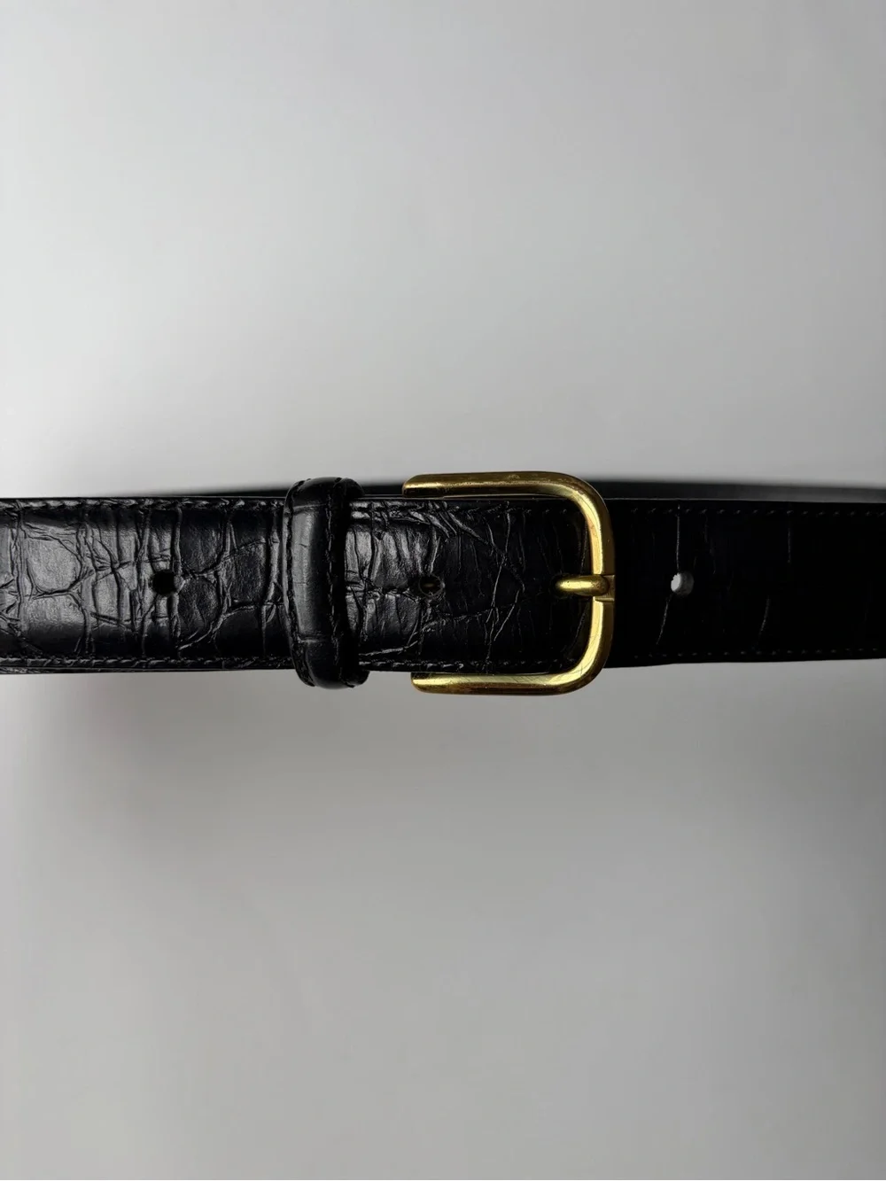 Black Croc-Embossed Leather Belt with Gold Buckle